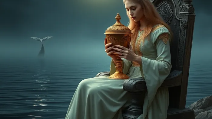 Королева Кубков Таро в детализированном художественном изображении: женщина с чашей на троне у моря при лунном свете.