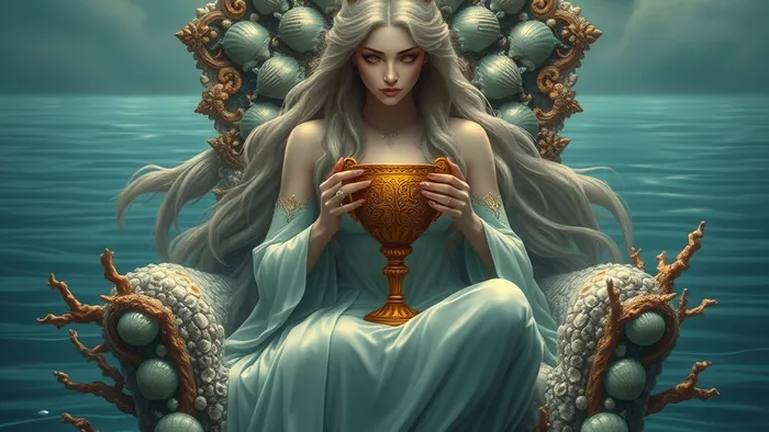 Королева Кубков из колоды Таро сидит на троне в океане, держа закрытый золотой кубок. Символ эмоций, интуиции и глубины.