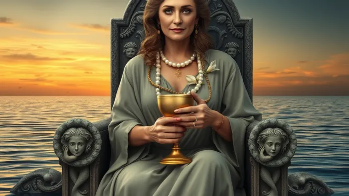 Реалистичное изображение Королевы Кубков Таро: мудрая женщина на троне у моря держит золотой кубок, символ глубинных эмоций и интуиции.