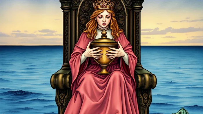Иллюстрация карты Таро Королева Кубков: женщина на троне у моря держит кубок, вокруг морские символы, стиль мистический и детализированный.