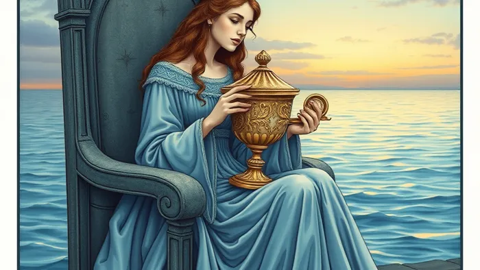 Иллюстрация карты Таро Королева Кубков: женщина в синих одеждах сидит на троне у моря, созерцая крытый кубок в руках. Символ эмоциональной глубины и интуиции.