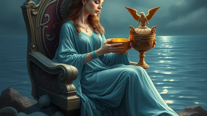 Художественное изображение Королевы Кубков из колоды Таро: задумчивая женщина в синих одеждах с чашей в руках сидит на троне у кромки моря.