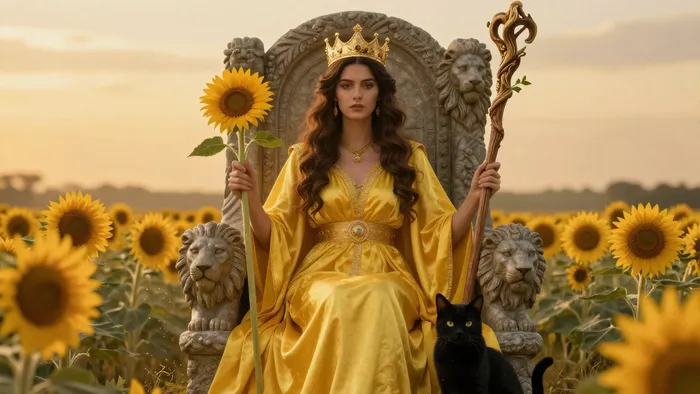 Аркан Таро Королева Жезлов в величественном стиле: женщина на троне с подсолнухом, жезлом и черной кошкой в лучах закатного солнца.