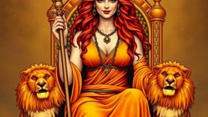 Символическое изображение Королевы Жезлов из колоды Таро: уверенная в себе женщина с огненными волосами на троне, держащая цветущий жезл.