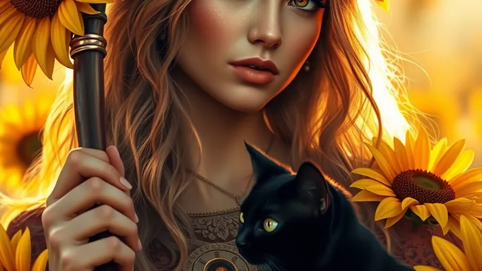 Детализированное изображение Королевы Жезлов из колоды Таро: женщина с уверенным взглядом держит цветущий жезл, вокруг подсолнухи, у ног чёрный кот. Тёплые золотые тона.