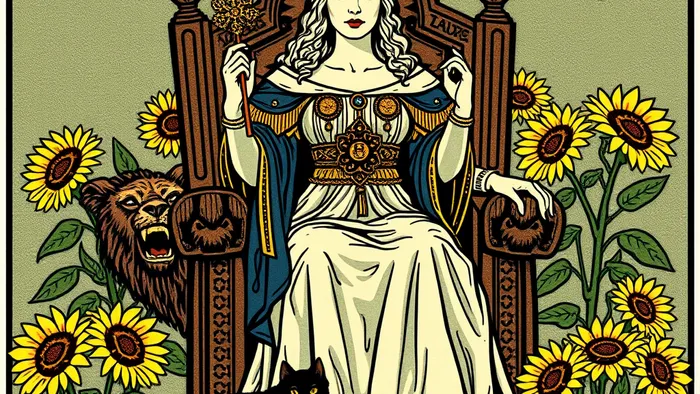 Карта Таро Королева Жезлов: уверенная женщина с цветущим жезлом на троне среди подсолнухов.