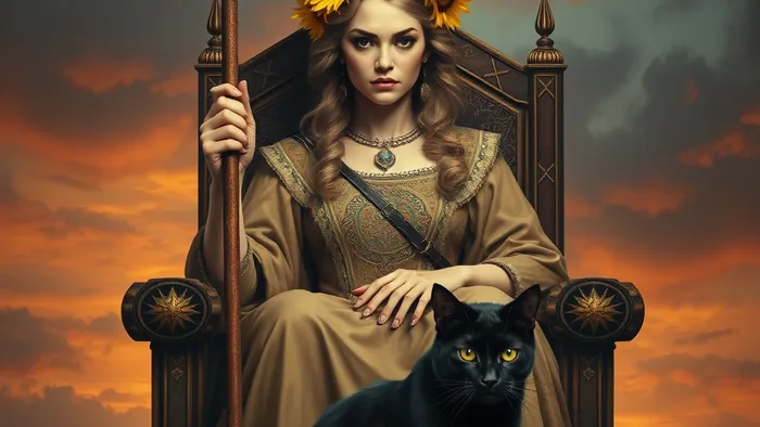 Детализированное изображение карты Таро Королева Жезлов с акцентом на её двойственную природу: сияние и скрытое предостережение.