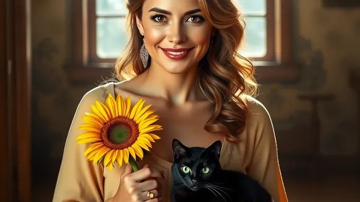 Современная интерпретация Королевы Жезлов: уверенная в себе женщина в лучах солнца, держащая подсолнух — символ жизненной силы и тепла.