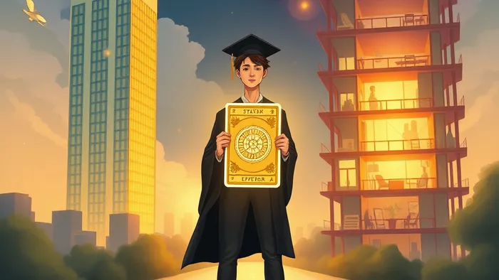 Символическая иллюстрация выбора пути: геометрический небоскреб корпорации и творческий лофт стартапа, между которыми стоит выпускник с светящейся картой Таро в руках.