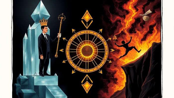 Символичная иллюстрация выбора между упорядоченным кристальным городом-корпорацией (Архетип Императора) и хаотичным ярким ландшафтом стартапа (Архетип Дурака). В центре светится карта Таро 'Колесо Фортуны'.