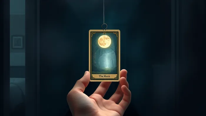 Символическое изображение: рука держит карту Таро "Луна" как фонарь, освещая путь из тёмного коридора, напоминающего детскую комнату, в светлый лес.