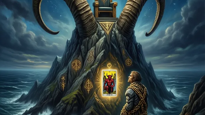 Аллегорическое изображение пути Козерога в Таро: гора-козерог, пустой трон Императора на вершине, фигура в цепях с картой Дьявола и звездное небо с созвездием Звезды.