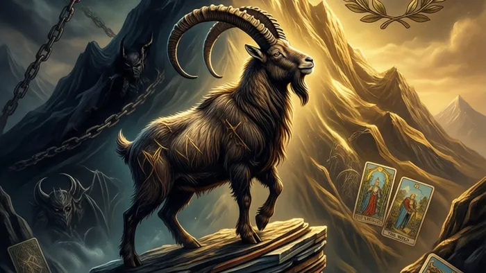 Символическое изображение Козерога в виде горного козла на скале, разделенной на темную (Дьявол) и светлую (Мир) стороны, с вплетенными в пейзаж картами Таро.