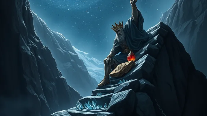 Символическое изображение пути Козерога: фигура Императора на горной тропе среди камней (гранат, обсидиан) под звездным небом, тени цепей растворяются внизу.