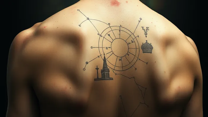 Метафорическое изображение кожи человека с проекцией карт Таро и созвездий на местах воспалений, символизирующее связь телесных симптомов и внутренних конфликтов.