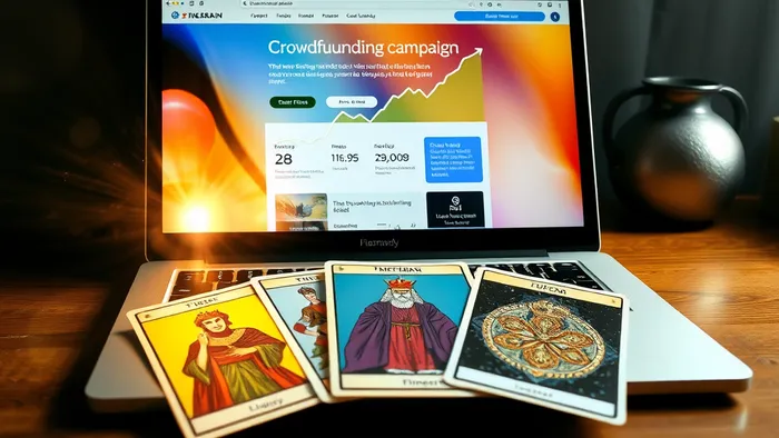 Символичное изображение: ноутбук с страницей краудфандинг-кампании и карты Таро (Маг, Император, 3 Пентаклей), лежащие на клавиатуре. Связь между цифровым планированием и эзотерическим анализом.