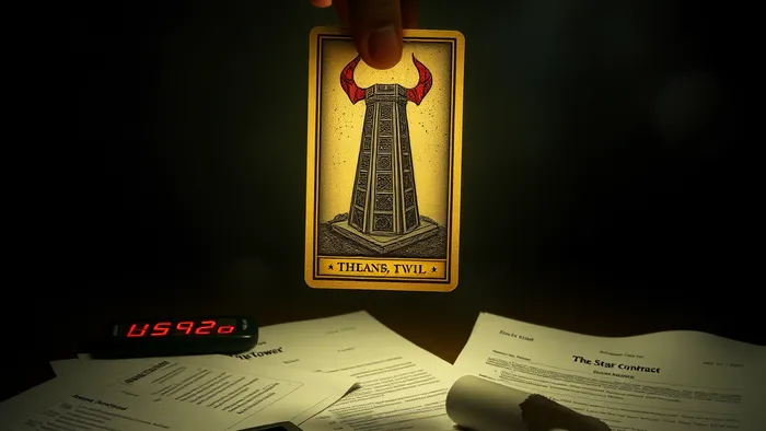 Символическое изображение кризиса: карта Таро "Башня" парит над разорванным договором франшизы и калькулятором с убытками, на фоне - луч надежды.