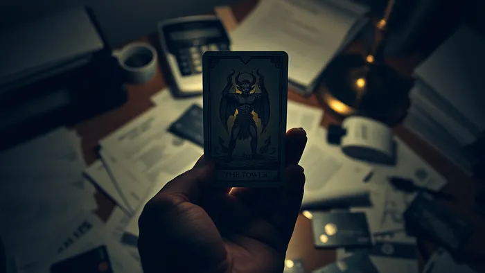 Символическое изображение: рука держит карту Таро над столом с финансовыми документами и кредитками, передавая напряжение сложного выбора.