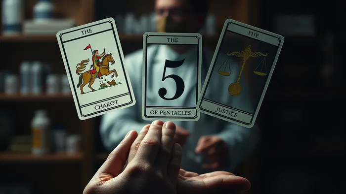 Символическое изображение дилеммы: руки человека и лапа питомца, между которыми парят прозрачные карты Таро — Колесница, Пятерка Пентаклей и Справедливость.