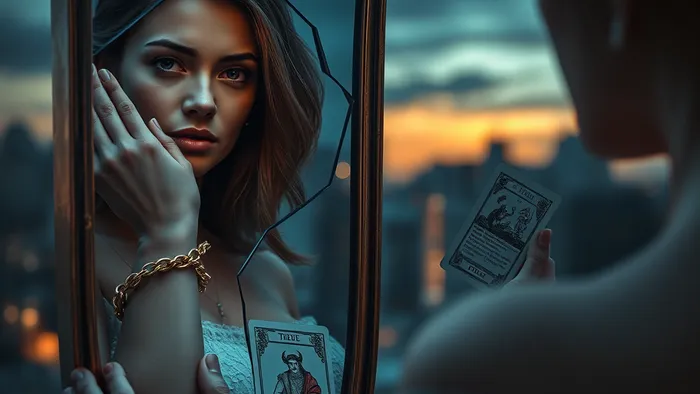 Символическое изображение женщины перед зеркалом с двумя отражениями: идеальным, но в оковах, и реальным, с картой Таро «Дьявол» и графиком платежей. Концепция выбора, долга и самообмана.