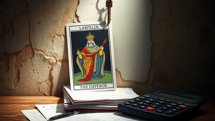 Символическое изображение выбора между старым и новым: треснувшая стена, карта Таро Император на финансовых документах, ключ как символ решения.