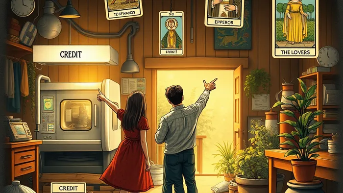 Символическая иллюстрация в стиле Таро: пара на распутье в семейной мастерской выбирает между путем кредита на новое оборудование и путем органического роста.