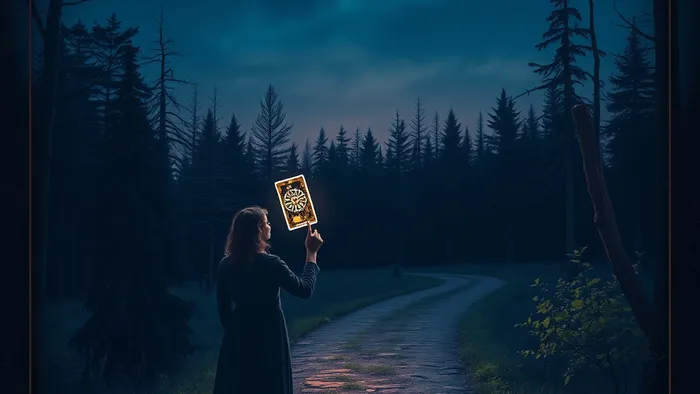 Символическое изображение человека на перекрёстке в лесу, держащего светящуюся карту Таро, которая освещает новый путь, в то время как старая дорога теряется в тени. Стиль магического реализма.