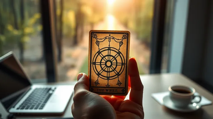 Рука держит карту Таро Колесо Фортуны на фоне рабочего стола и открытого пути в лес. Символика выбора между привычной карьерой и неизвестностью.