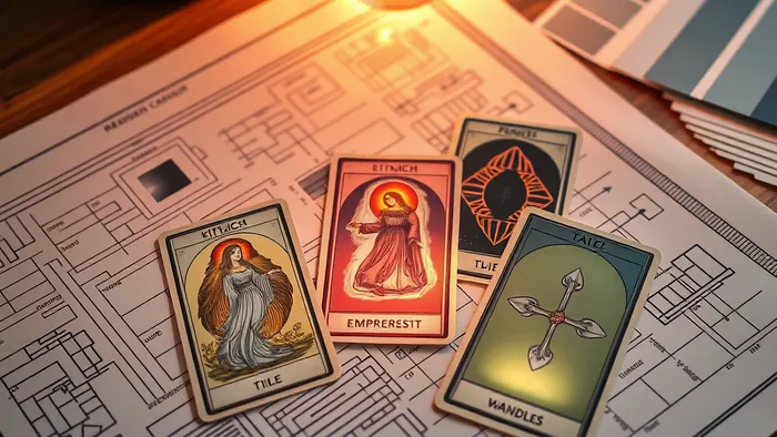 План ремонта кухни и образцы материалов, на которые наложены полупрозрачные изображения карт Таро: Императрица, Пентакли и Жезлы.