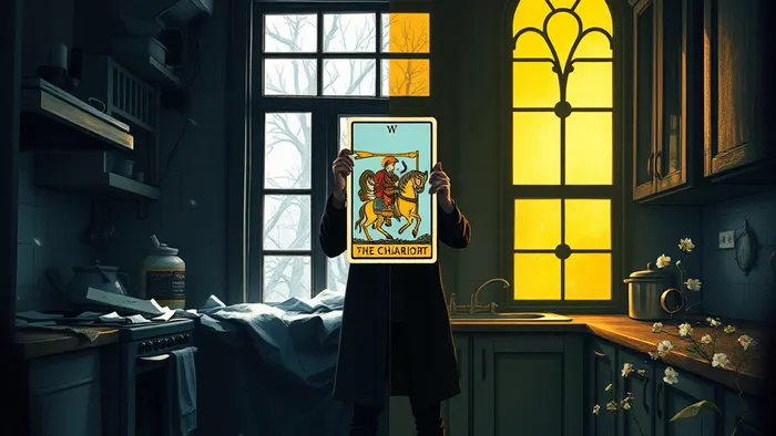 Символическое изображение дилеммы ремонта: человек в полуразрушенной кухне держит светящуюся карту Таро, одна сторона комнаты в зимнем хаосе, другая — в весенней обновлённой гармонии.