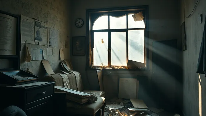 Заброшенный интерьер исторического особняка с картами Таро и строительными чертежами, символизирующий скрытые риски реконструкции