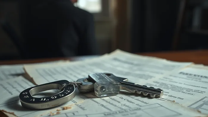 Ключ от квартиры лежит на стопке старых судебных документов, символизируя скрытые риски покупки жилья, полученного по договору ренты.