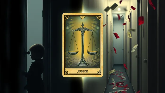 Символическое изображение дилеммы: квартира с призраком прописки и комната с долгами, освещённые картой Таро Правосудие.