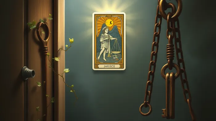 Концептуальное изображение выбора между двумя ключами: один опутан лозой (прописка ребёнка), другой отягощён цепями (долги). Между ними карта Таро.