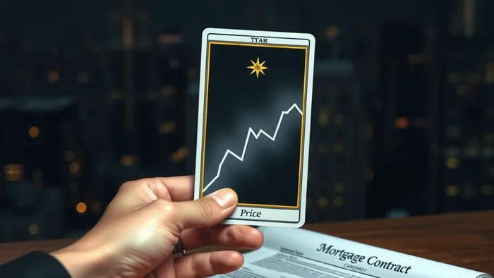 Концептуальное изображение: карта Таро 'Звезда' на фоне ночного города и графика падающих цен. Ключ и договор на столе символизируют выбор ипотеки.