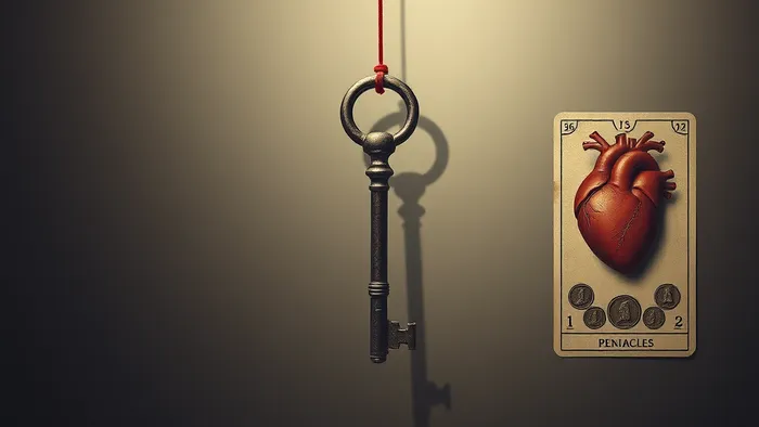 Символическое изображение ключа, связанного нитью с городом и сердцем, обременённым монетами. Тень ключа образует карту Таро Пятерку Пентаклей. Тема сложного выбора и привязанности.