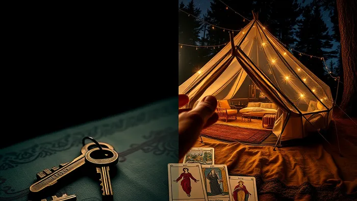 Символическое изображение дилеммы: ключи от квартиры и глэмпинг-палатка под звездами, разделенные раскладом карт Таро (Четверка Пентаклей и Императрица).