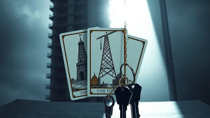 Карты Таро (Шут, Башня, Император) на фоне плана новостройки. Ключи от квартиры. Концептуальное изображение выбора и риска.