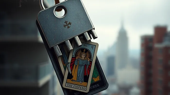 Символическое изображение: ключ от новой квартиры, зубцы которого выполнены в виде карт Таро (Башня, Император, Семерка Мечей), на размытом фоне городской новостройки.