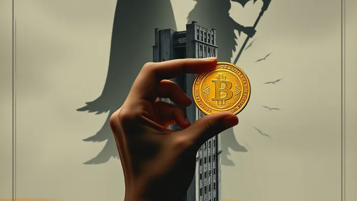 Символическое изображение риска: золотая монета падает на чертёж разрушающегося небоскрёба. На фоне видны тени карт Таро 'Башня' и 'Дьявол'.