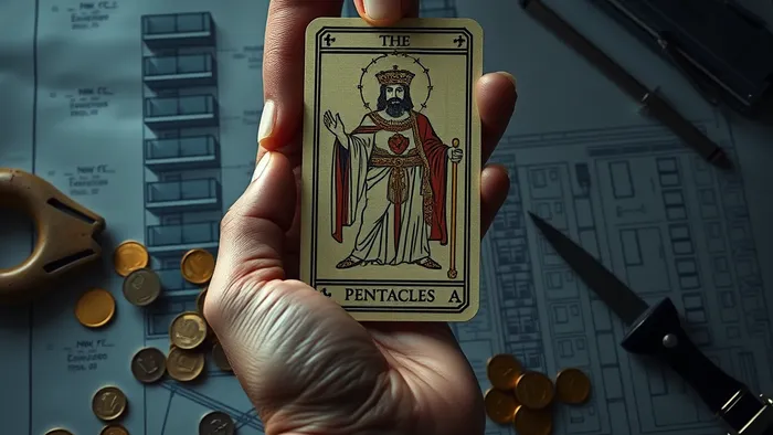 Символическое изображение: карта Таро Император на фоне чертежа строящегося дома. Пересечение финансовых решений и карточных прогнозов.