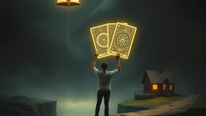 Символическое изображение выбора: человек на перекрестке между висящим над пропастью большим домом и маленьким, но устойчивым жильем, держит в руках светящиеся карты Таро (Башня, Колесо Фортуны, Пентакли).