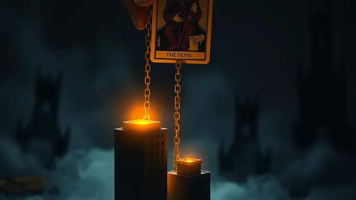 Символическое изображение: рука держит светящуюся карту Таро над миниатюрным городом, где маленькая квартира связана цепью с большой. Цепь натянута. Стиль мистический, драматичный.