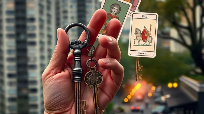 Символическое изображение выбора между ключами от старой большой квартиры и новой меньшей в лучшем районе на фоне карт Таро Императрица и Колесница.