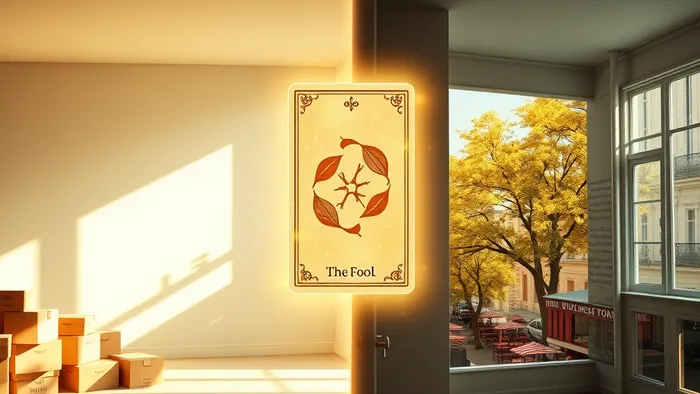 Концептуальное изображение выбора между просторной квартирой и уютной квартирой в красивом районе, с картой Таро в центре как символа решения.