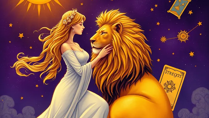 Символическое изображение связи знака Лев и аркана Сила Таро: лев и женщина под солнцем в космическом пространстве.
