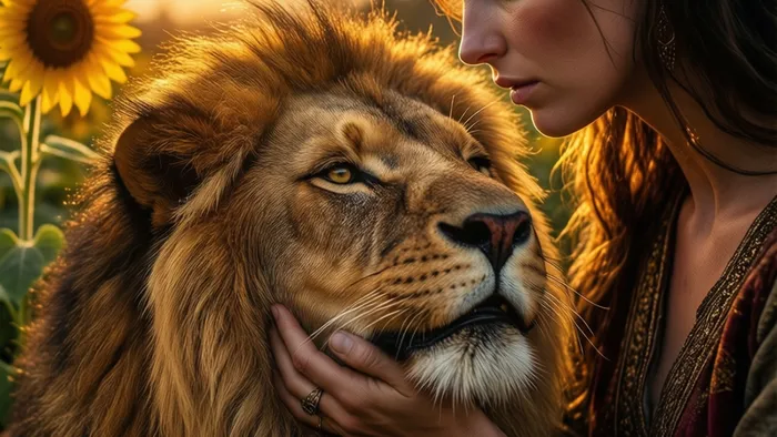 Детализированное изображение карты Сила (Лев) из колоды Таро Райдера-Уэйта: женщина в белом платье мягко, но уверенно держит пасть льва. Фон — золотистое солнце и подсолнухи, символизирующие солнечную энергию знака Льва.