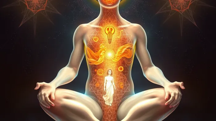 Символическое изображение: фигура человека, внутри которой текут потоки энергии, принимающие формы арканов Таро — Императрицы, Дьявола, Влюбленных. Иллюстрация связи либидо, психической энергии и архетипов.