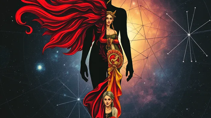 Символический коллаж: человеческая фигура, наполовину состоящая из энергии либидо, наполовину из символов карт Таро (Императрица, Дьявол, Сила) на фоне звёздного неба и схемы бессознательного.