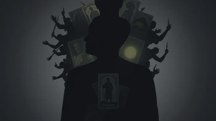 Концептуальное изображение: силуэт человека, очерченный полупрозрачной мембраной из символов карт Таро, разделяющей внутренний порядок и внешний хаос. Символика личных границ.